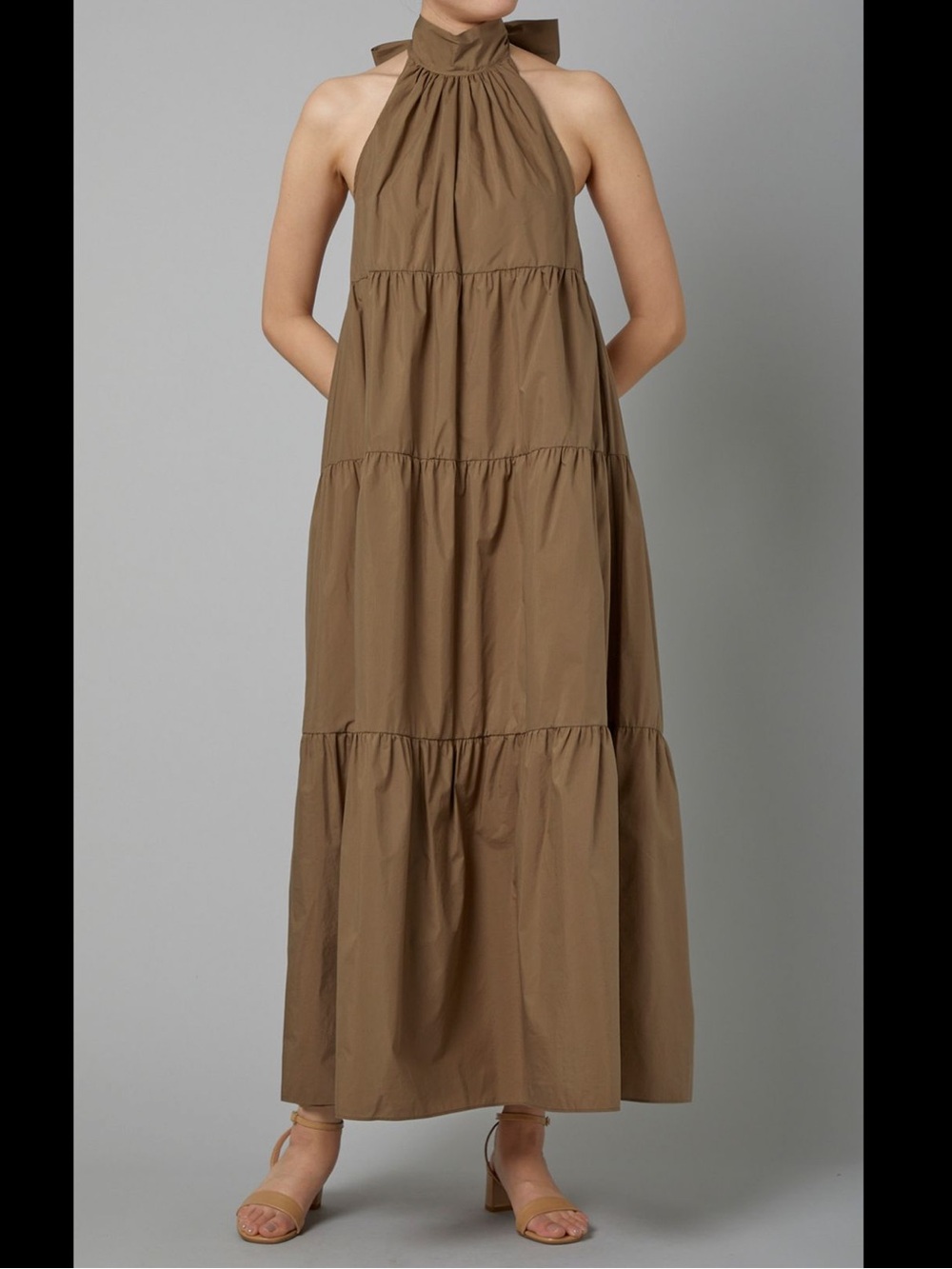 Theory Brown Halter Tiered Maxi Dress